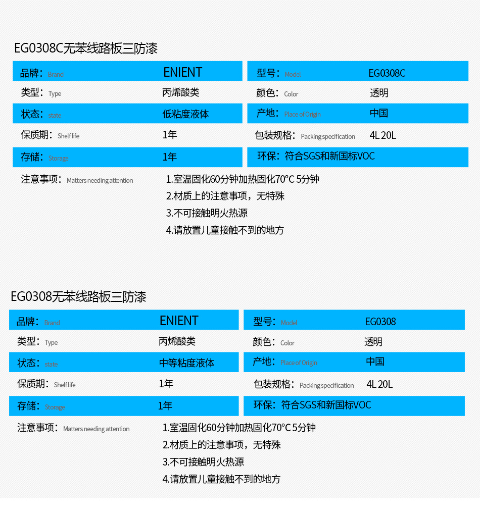 EG0308無(wú)苯線路板三防漆具有優(yōu)異的防水、防潮、防塵、絕緣性能，同時(shí)耐冷熱沖擊、耐老化、耐輻射、耐鹽霧、耐腐蝕、耐振動(dòng)、耐電弧，柔韌性、附著力等性能良好，帶熒光指示，可檢查噴涂是否到位。